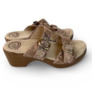 Dansko Sophie Metallic Leather Slide Sandals Wood Clog Heel 38